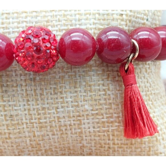 One Size Red Glass Bead & Gold Tone Slide Bracelet Tassel Shamballa MINT - Picture 3 of 11